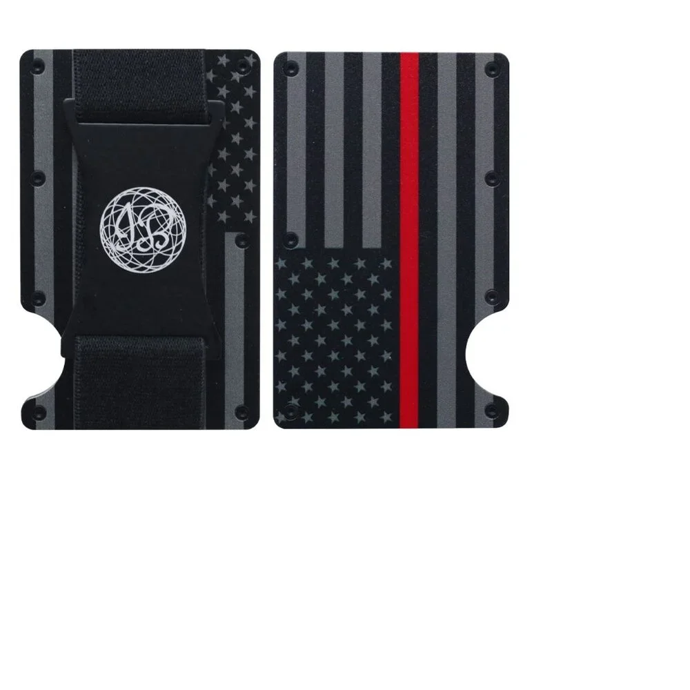 Black & Gray with Red line American Flag Engraved, Slim Wallet, RFID Blocking